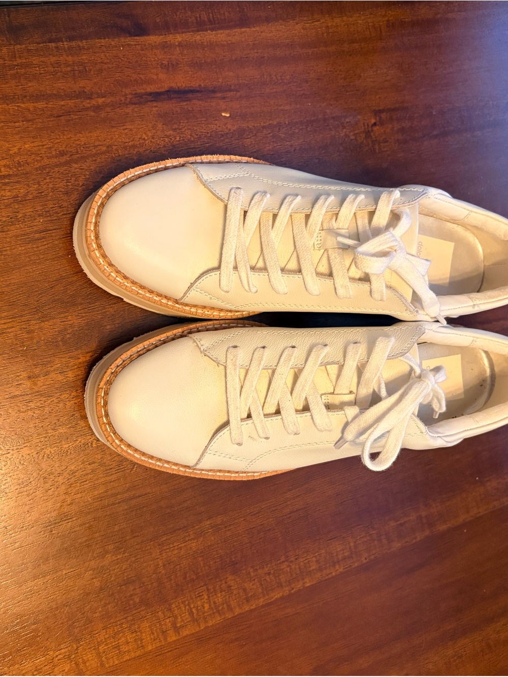 Dolce Vita Off-White Leather Lace-Up Sneakers with Tan Stitched Welt